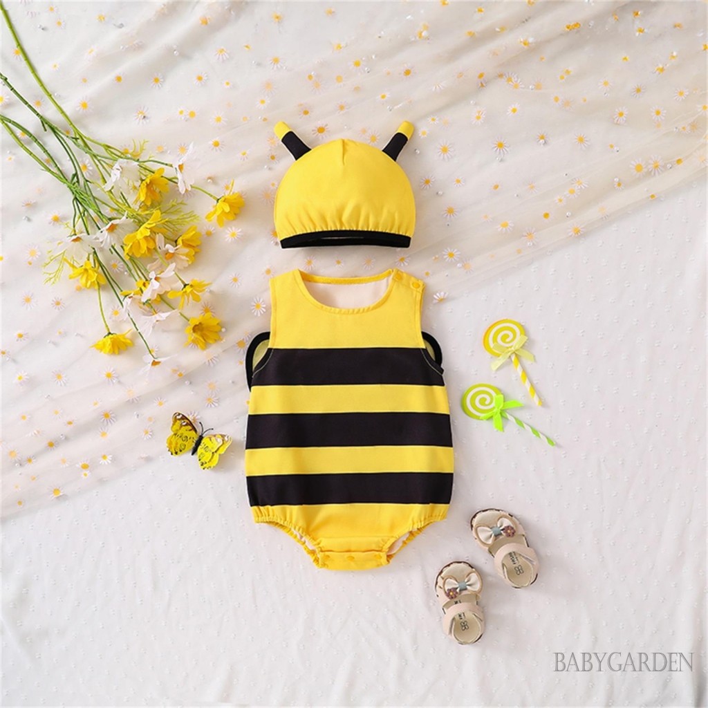 / / -Baby Girls Bee Trang phục sọc cổ tròn không tay áo liền quần + Mũ + Cánh