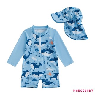 Mg-toddler Boy Rash Guard Đồ bơi có mũ 2 chiếc Bộ hoạt hình họa tiết cá voi có khóa kéo dài tay cổ tròn Đồ bơi