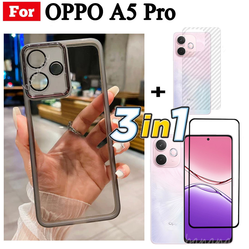 Ốp điện thoại trong suốt bằng silicon mềm TPU 3 trong 1 OPPO A5 Pro A58 4G 5G A3X có vỏ bảo vệ Camera + Kính cường lực riêng tư + Phim mặt sau
