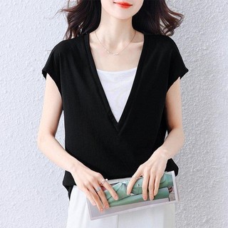 Mùa Hè 2025 Phong Cách Mới Thời Trang Top Giả Hai Mảnh Phù Hợp Với Áo Rời Bụng Ôm Hơn Nhìn Áo Thun Đơn Giản Thời Trang Hàng Đầu Nữ