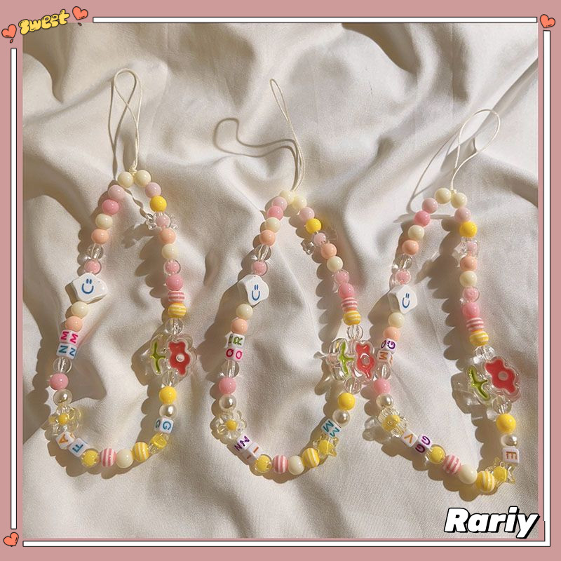 Dây đeo điện thoại hạt cườm màu pastel hình mặt cười Móc khóa dây tay nữ tính đa năng-RY