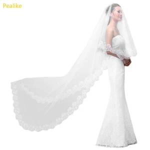 Pealike Women Pure White Wedding Veil cho viền vỏ sò thêu hoa dài