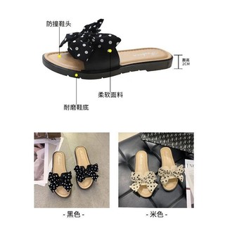 Dép mùa hè phong cách Hàn Quốc cho phụ nữ, giày bãi biển phẳng chấm bi ngoài trời, dép sandal nơ thời trang, dép một dây