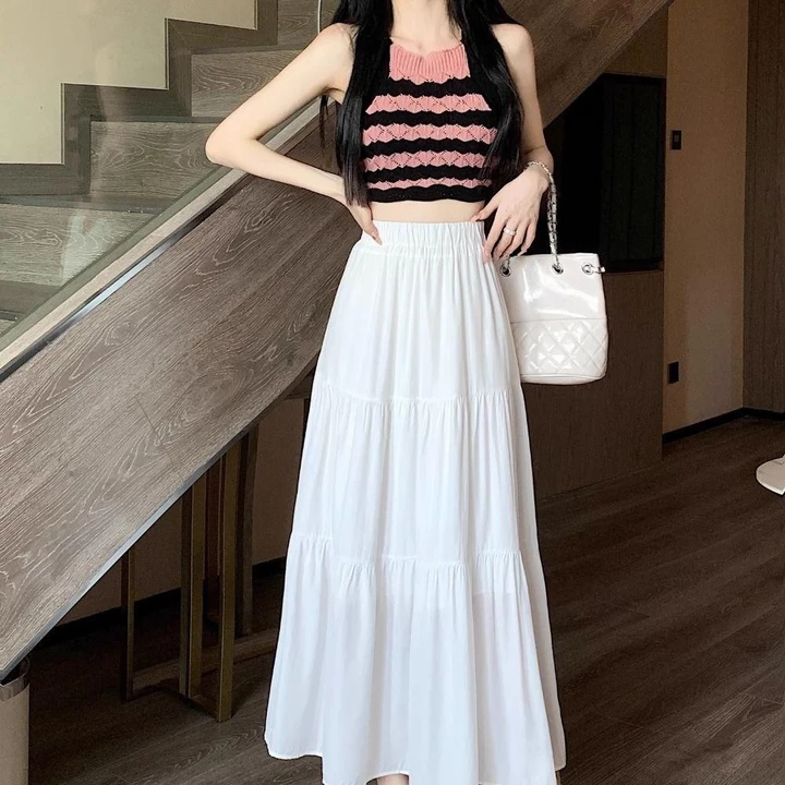 Váy Maxi TAWJOG, Váy Dài Xếp Ly Tầng, Váy Boho Eo Co Giãn Flowy Cổ Điển 2024