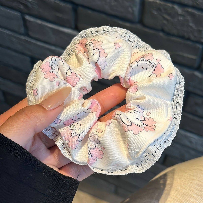 Dây Buộc Tóc Scrunchies Viền Ren Họa Tiết Gấu Mèo Xinh Xắn Phụ Kiện Tóc Cho Nữ Và Bé Gái