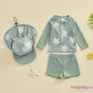 Trẻ Em Bé Trai Rash Guard Bộ Đồ Bơi Dài Tay In Hình Rùa + Quần Short + Mũ Đồ Bơi 3 Chiếc Đồ Bơi