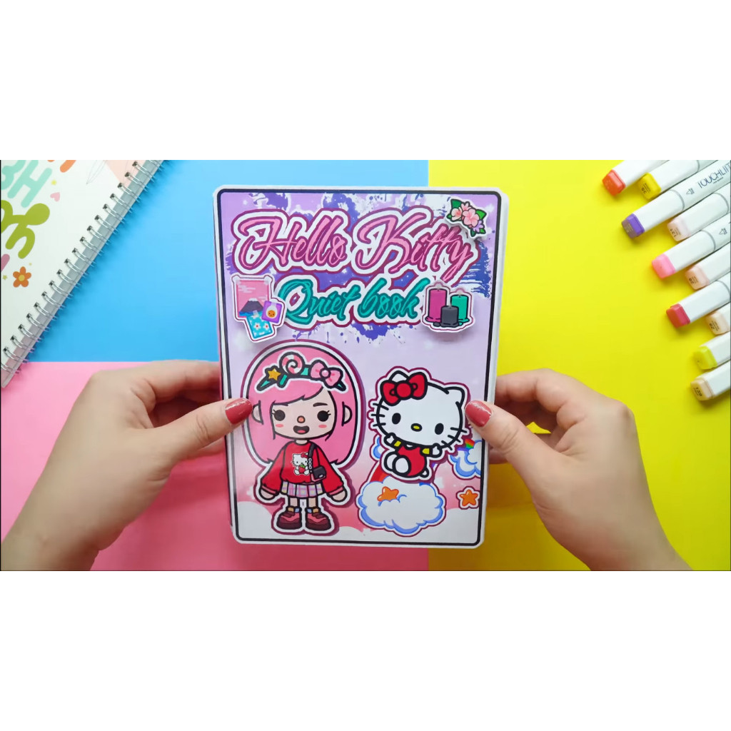 ĐỒ CHƠI NGÔI NHÀ BÚP BÊ GIẤY CẮT THỦ CÔNG DIY - Ngôi nhà của bé Hello Kitty Pink House In Quiet Book