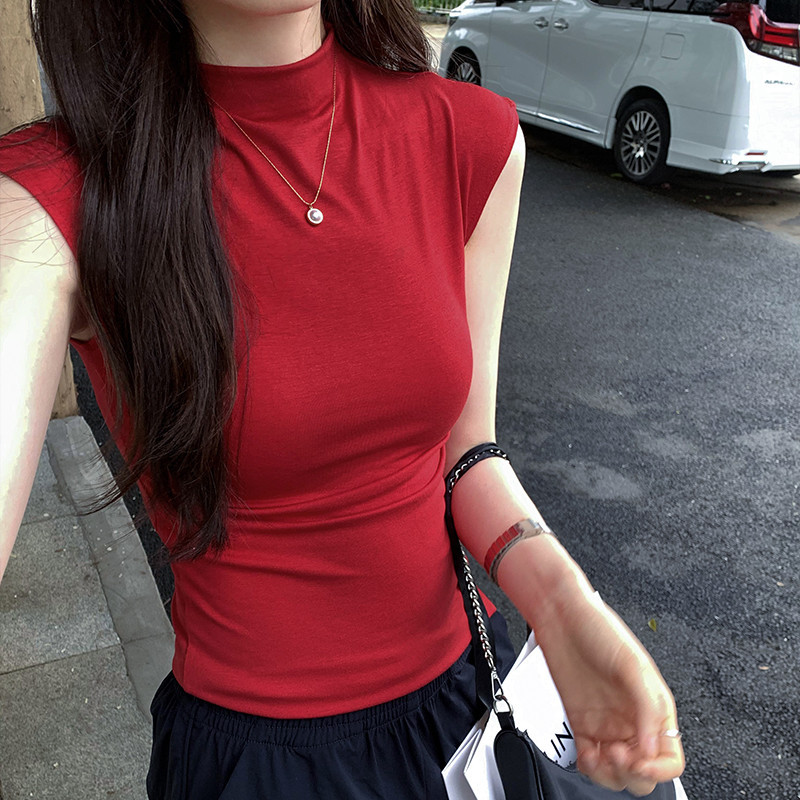 Suxi - Retro Đơn Giản Mùa Hè Mới Cổ Cao Đa Năng Áo Thun Nữ Tay Ngắn Cổ Cao Đa Năng 240504
