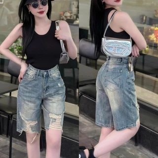 Quần Jeans Short Ngố Nữ Phom Ống Rộng Dáng Lửng, Quần Bò Đùi Nữ Đến Đầu Gối Lưng Cao Thời Trang Bigsize 55-90kg 0095