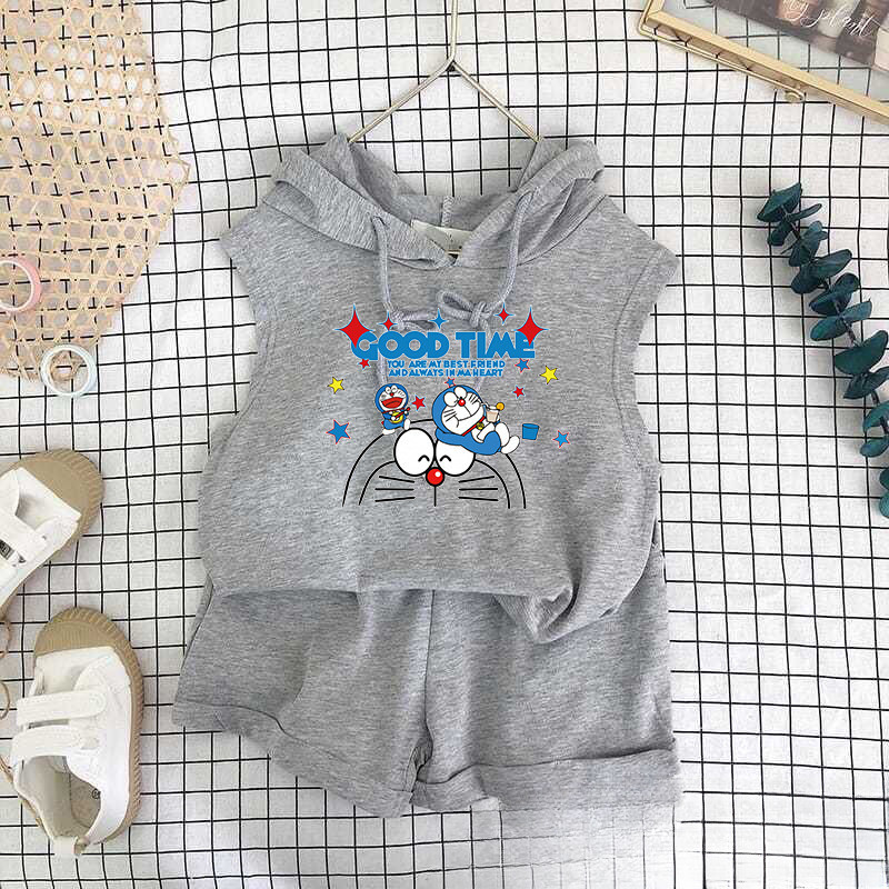 Bộ đồ trẻ em hoạt hình dễ thương in hình Doremon 2024 - Áo Vest và quần short có mũ trùm đầu dễ thương dành cho trẻ em Bộ hai mảnh