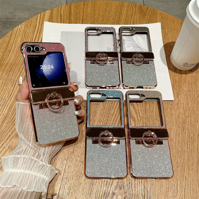 Sang Trọng Gấp Lấp Lánh Trơn Vỏ Samsung Galaxy Z Flip 6 Flip 5 Flip 4 Flip 3 5G Dành Cho Samsung Galaxy Z Flip 6 5 4 3 Bản Lề Vòng Giá Đỡ Vỏ Bảo Vệ