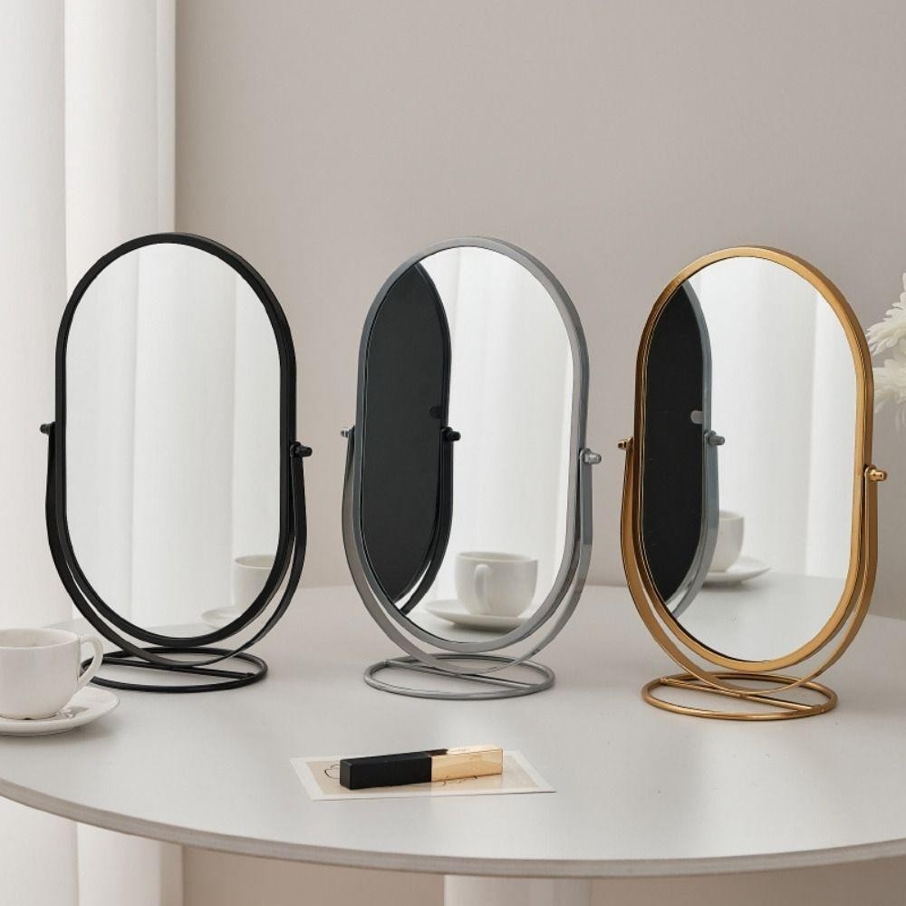 Gương trang điểm FUHUIOT, 360° Gương trang điểm hình bầu dục có thể xoay được, Công cụ trang điểm Khung sắt Trang trí nhà cửa Đơn giản để bàn Gương đứng TableTop