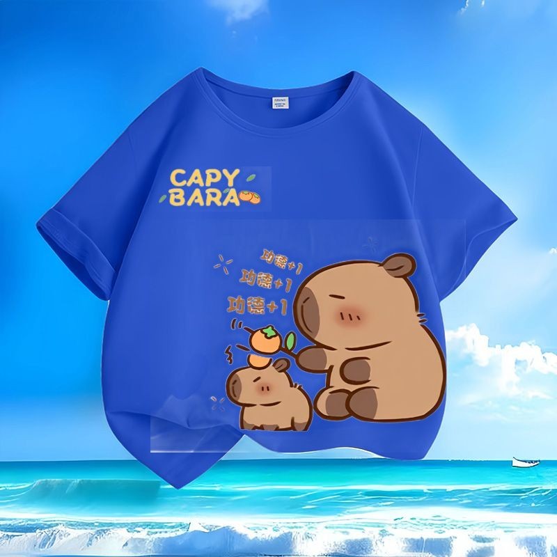 Áo thun trẻ em Capybara 2024 đáng yêu cho mùa hè Áo cổ tròn tay ngắn mới
