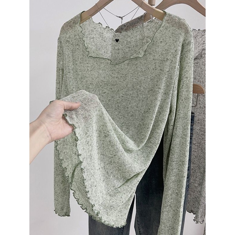 Milyfashion Cổ Chữ V Mỏng Dài Tay T Mùa Hè Rời Hơi Trong Suốt Chống Nắng Dệt Kim Áo