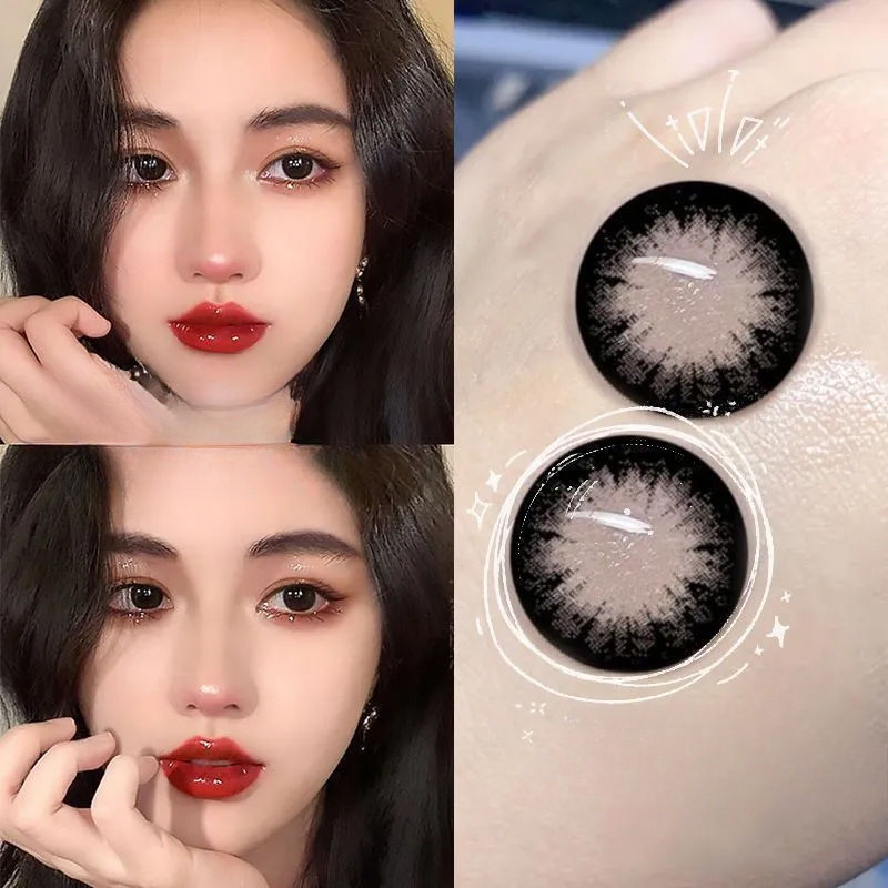 Set 2 Kính Áp Tròng Màu Đen contact lenses 0 ~ -8.00 black len 14.2mm lens cận lens nâu bean black 56