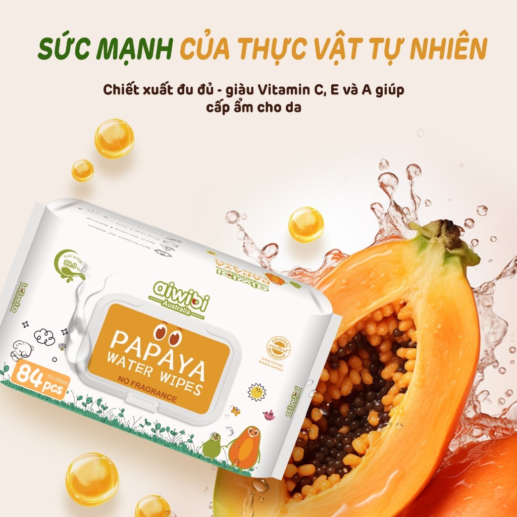 Khăn Giấy Ướt Aiwibi Chiết Xuất Đu Đủ Hữu Cơ Không Mùi và Không Cồn Cho Bé 1 lốc x 3 gói x 84 tờ