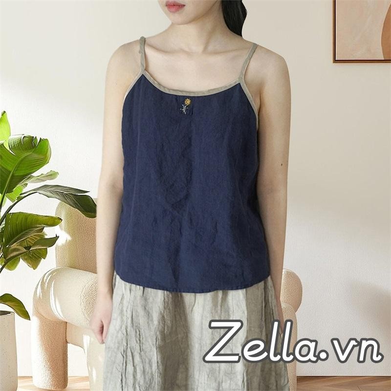 Nữ Vải Lanh Cotton Crop Camisole Thêu Hoa Không Tay Spaghetti Dây Đeo Rời Áo