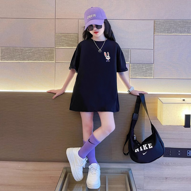 Áo thun bé gái cỡ lớn thời trang 2024 Judy In hình cổ tròn Áo sơ mi ngắn tay bé gái dài hàng đầu 0-12 tuổi