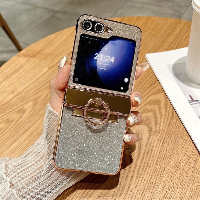 Sang Trọng Gấp Lấp Lánh Trơn Vỏ Samsung Galaxy Z Flip 6 Flip 5 Flip 4 Flip 3 5G Dành Cho Samsung Galaxy Z Flip 6 5 4 3 Bản Lề Vòng Giá Đỡ Vỏ Bảo Vệ