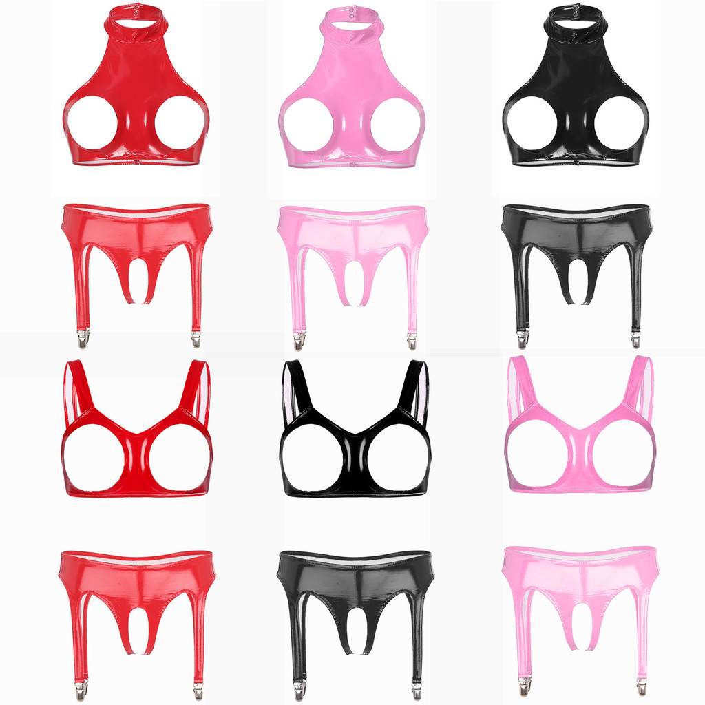 YOOJOO Nữ Bóng Bằng Sáng Chế Bộ Đồ Lót Da Không Tay Cắt Áo Ngực Top Với Quần Đùi Garter Quần Lót