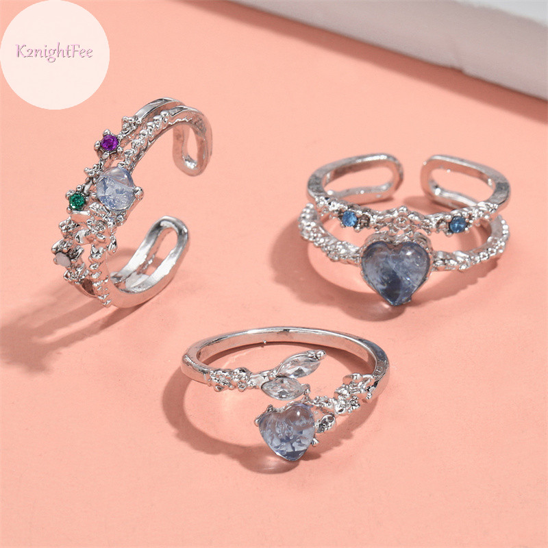 K2nightfee 3 Cái / bộ Nhẫn Trái Tim Opal Màu Xanh Thời Trang Cho Nữ Hoa Mở Nhẫn Đính Đá Ngón Tay Tiệc Cưới Hợp Thời Trang Bé Gái Trang Sức VN