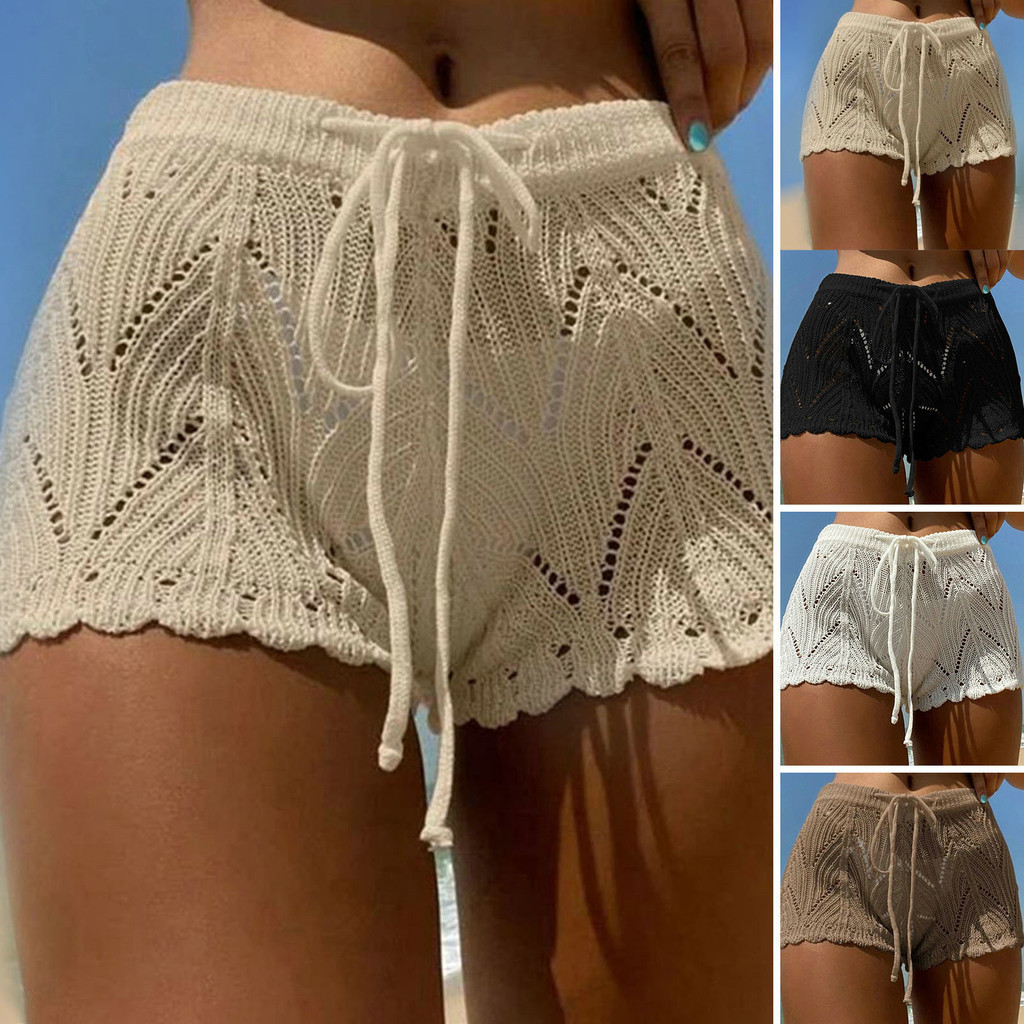 Nữ Đi Biển Quần Short Rỗng Ra Dệt Kim Ren Dây Rút Co Giãn Eo Màu Mềm Mại Thoáng Khí Rời Cao Cấp Quần Short Bikini Mùa Hè