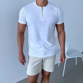 Áo Thun Waffle Cổ Henry Dây Kéo Tay Ngắn - Phong Cách Nam HI06