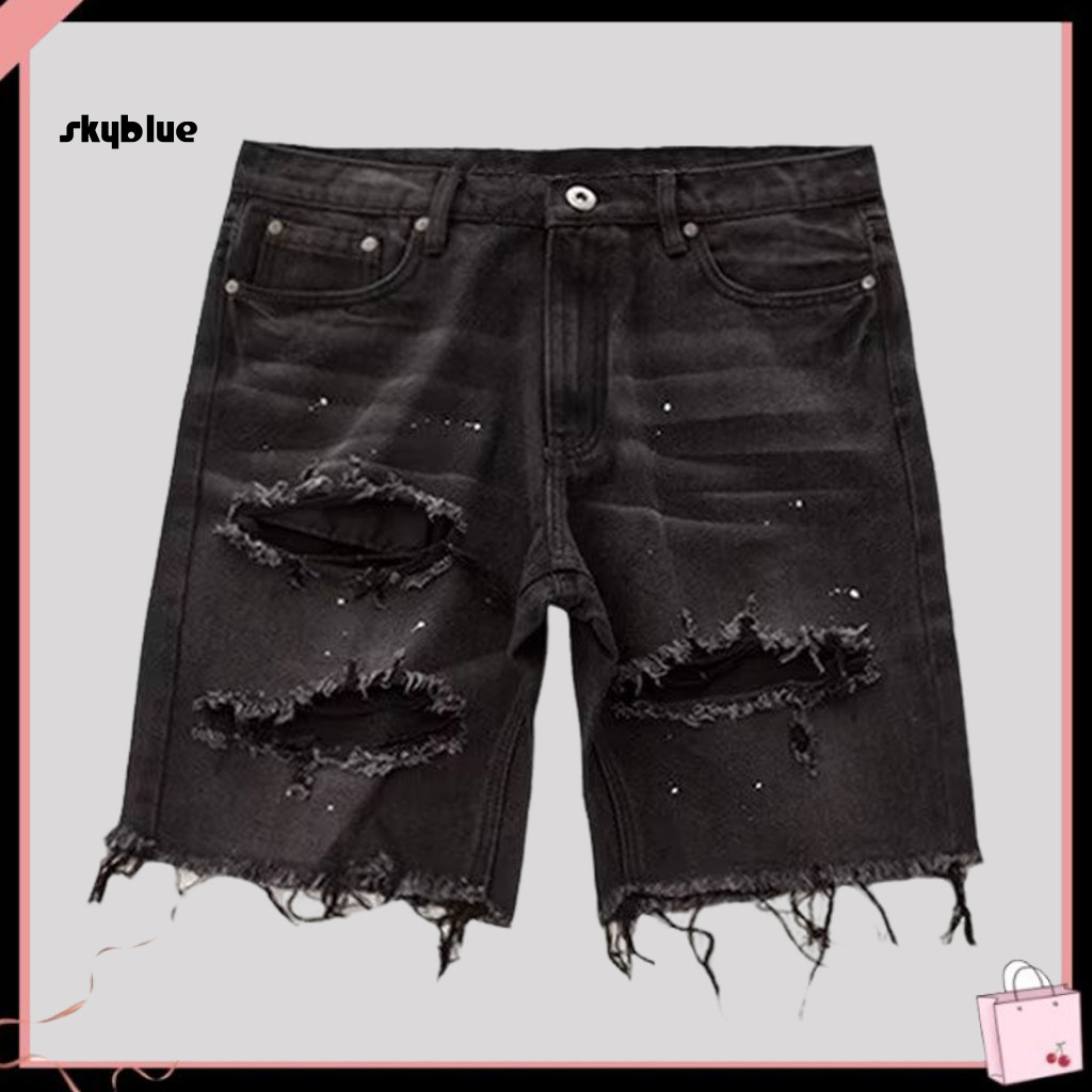 Quần short denim nam rách nhiều túi, dài đầu gối, dáng jean thẳng, phong cách mùa hè
