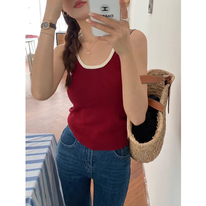 Suxi Retro Tương Phản Sọc Mỏng Fit Dệt Kim Treo Xe Tăng Top Nữ Áo Ngắn 240617