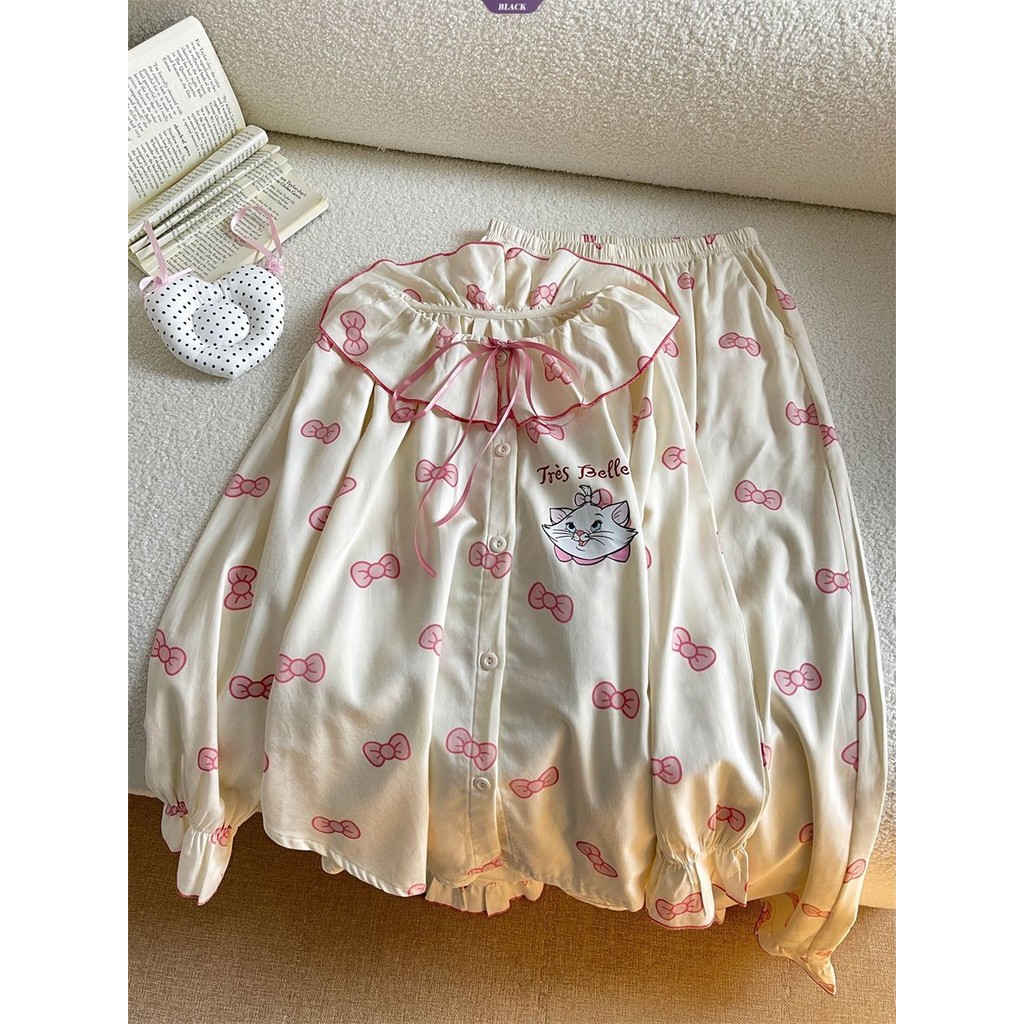 Bộ đồ ngủ cổ búp bê nơ ngọt ngào Bộ đồ ngủ nữ xuân thu Quần dài tay mới Bộ đồ mặc nhà [BL]