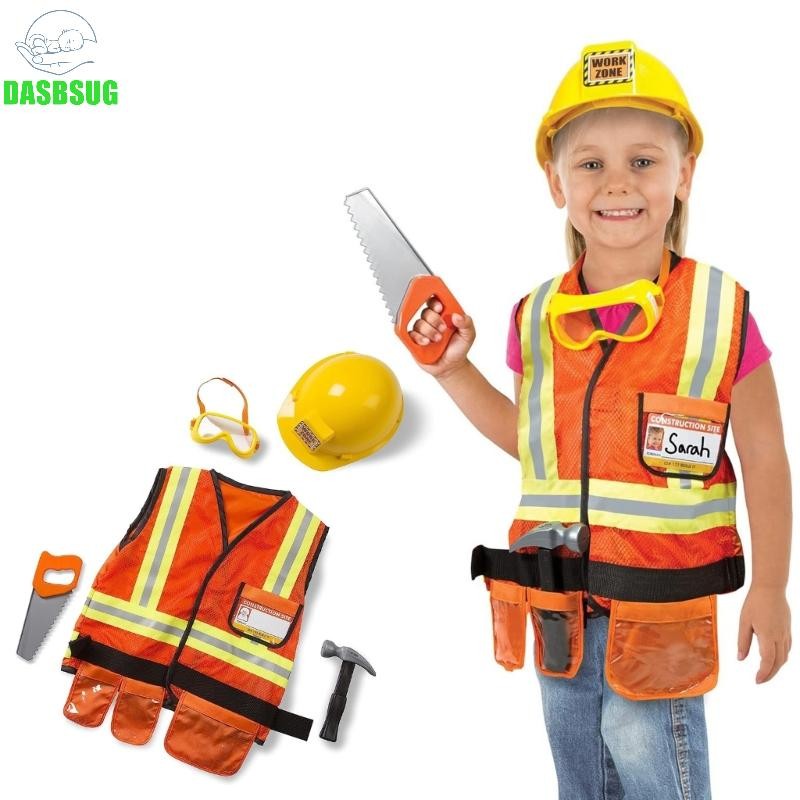 Dasbsug Trang phục công nhân xây dựng Trẻ em Người xây dựng Trang phục nghề nghiệp Giả vờ Bộ đồ chơi nhập vai