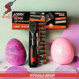 Bộ típ 12 chi tiết, bộ đầu khẩu vặn ốc đa năng Liwin Japan 12 món cần tự động 1/2