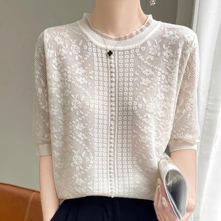 Mùa hè Phong Cách Mới Ren Rỗng Đan Nữ Tay Ngắn Cổ Tròn Nửa Tay Top Rời Ngọc Trai Nửa @ -