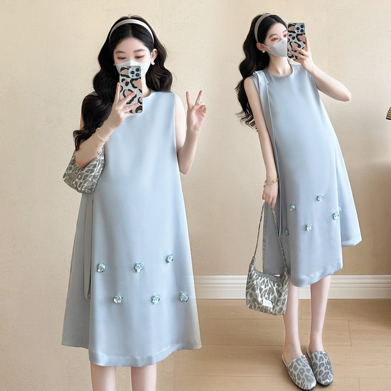 Trang phục bà bầu mùa hè 2025 Sản phẩm mới Satin Giảm tuổi thon gọn hơn Váy bà bầu không tay