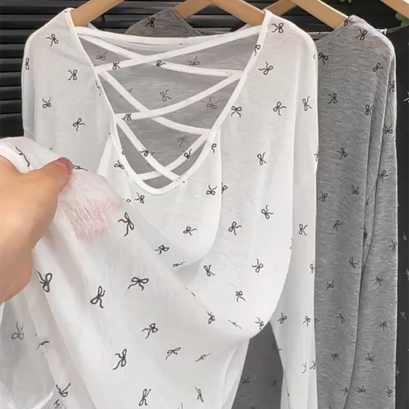 Milyfashion Rời Lưng Xuyên Rỗng Nơ Dài Tay Áo Thun Lớn Nữ Mỏng Phong Cách Chống Nắng Áo Top