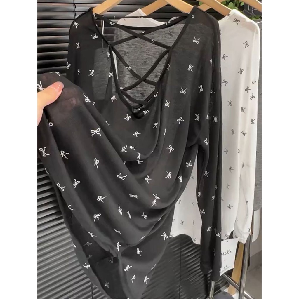 Milyfashion Rời Lưng Xuyên Rỗng Nơ Dài Tay Áo Thun Lớn Nữ Mỏng Phong Cách Chống Nắng Áo Top