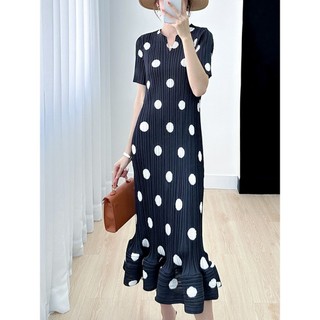 Miyake Mùa Hè Phong Cách Mới Nữ Chấm Bi Đầm Hẹp Cổ Chữ v Slim-Fit Cao Cấp Sli