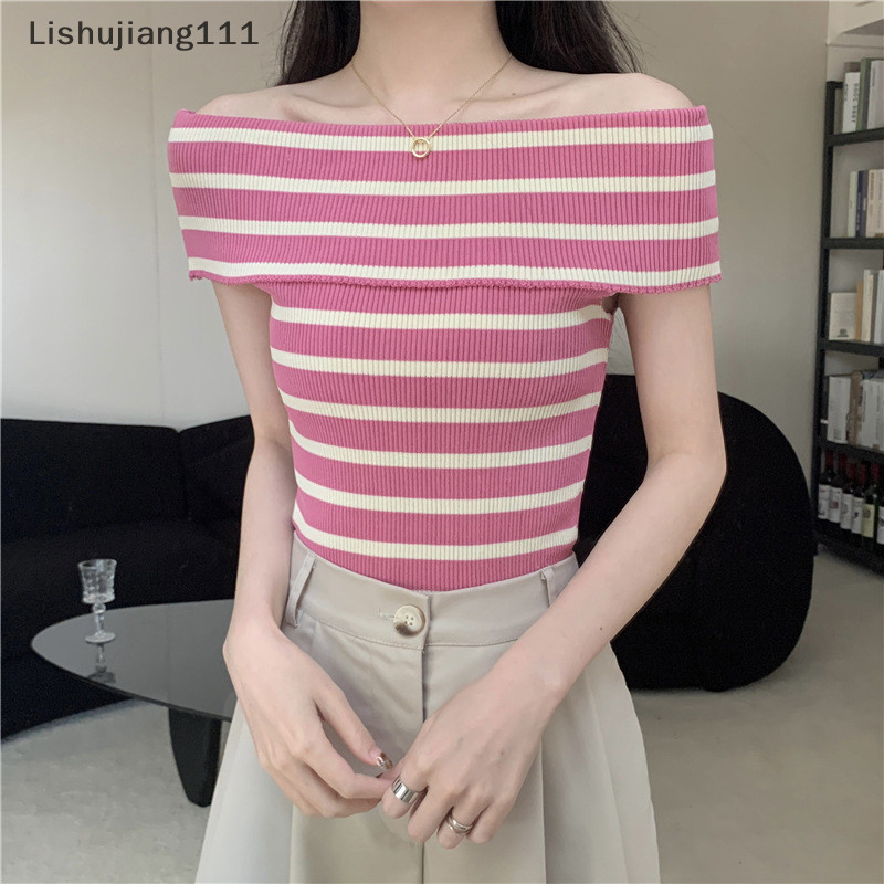 Li ✨Real Shot Áo thun dệt kim ngắn tay sọc một vai mới mùa hè dành cho Slim Top SHU