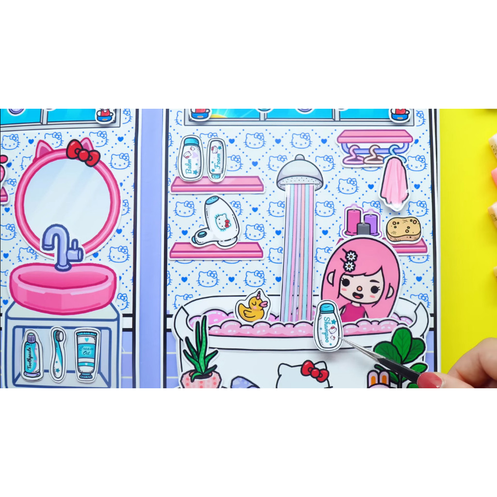 ĐỒ CHƠI NGÔI NHÀ BÚP BÊ GIẤY CẮT THỦ CÔNG DIY - Ngôi nhà của bé Hello Kitty Pink House In Quiet Book