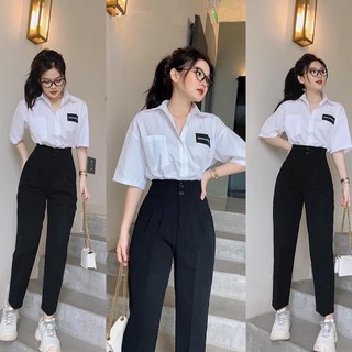 Quần Tây Công Sở nữ 2 Cúc Cạp Cao đi học đi làm Dáng quần Baggy công sở lưng cao tôn dáng chất vải dài dặn co giãn nhẹ