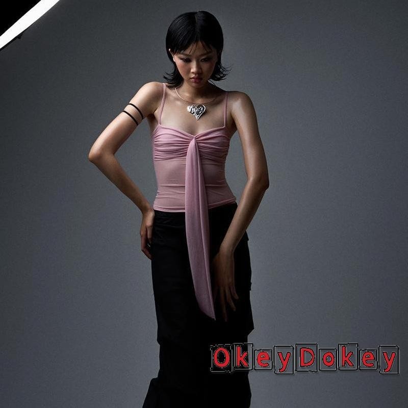 Okdk-Áo hai dây ngắn tay mùa hè dành cho nữ không tay cắt thấp màu trơn Slim Ruched