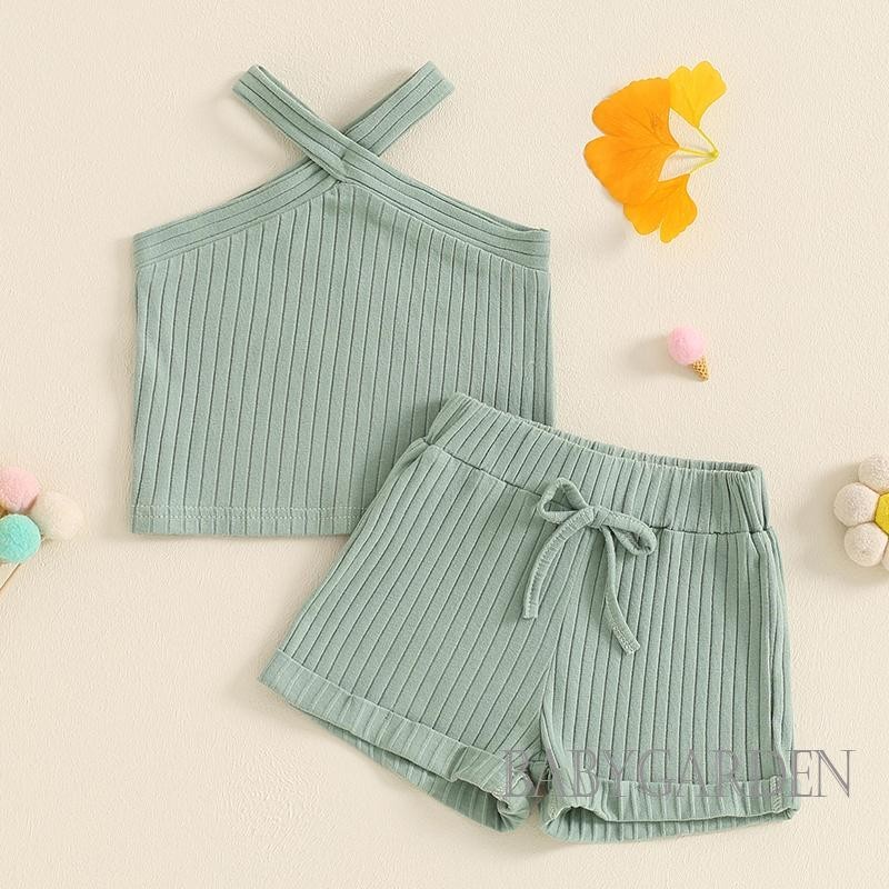 Baga-6 tháng-4year Bé Gái Mùa Hè 2 Bộ Màu Trơn Không Tay Chữ Thập Áo + Quần Short