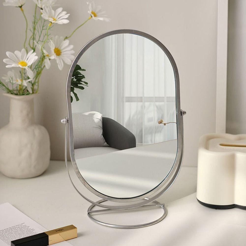 Gương trang điểm FUHUIOT, 360° Gương trang điểm hình bầu dục có thể xoay được, Công cụ trang điểm Khung sắt Trang trí nhà cửa Đơn giản để bàn Gương đứng TableTop