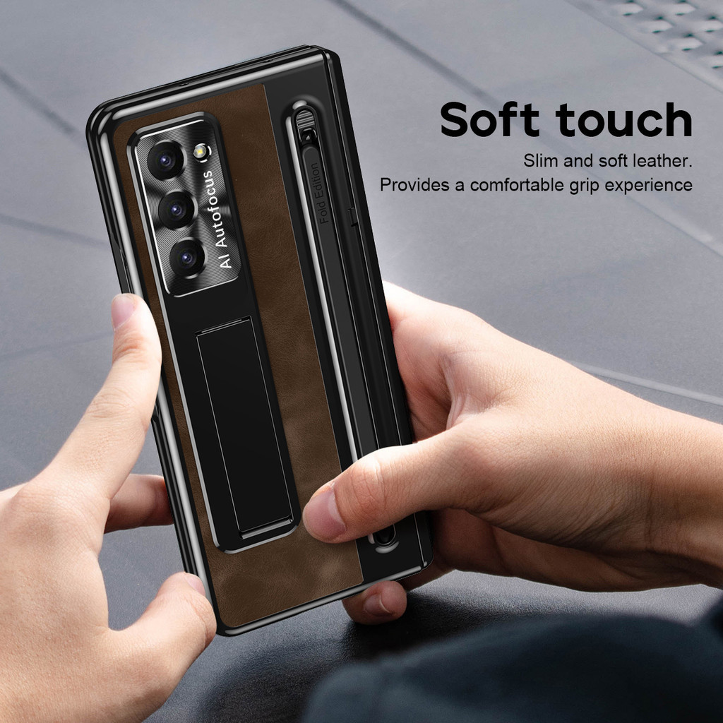 Giá đỡ da sang trọng có khe cắm bút Stylus Samsung Galaxy Z Fold 6 Z Fold 5 Z Fold 4 Vỏ bảo vệ bản lề màn hình kính cho Z Fold4 Fold5 Fold6