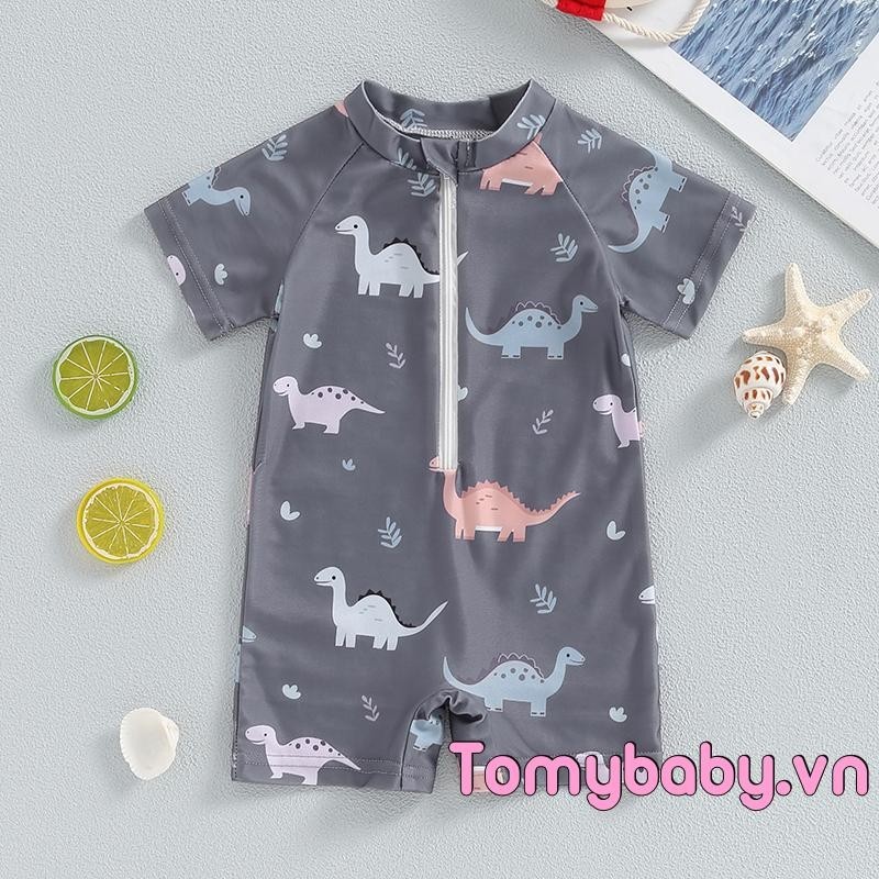 Bé Trai Khủng Long Đồ Bơi Cổ Tròn Nửa Zip Lên Tay Ngắn Rash Guard Bộ Đồ Tắm Cho Đi Biển