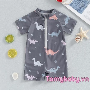 Bé Trai Khủng Long Đồ Bơi Cổ Tròn Nửa Zip Lên Tay Ngắn Rash Guard Bộ Đồ Tắm Cho Đi Biển