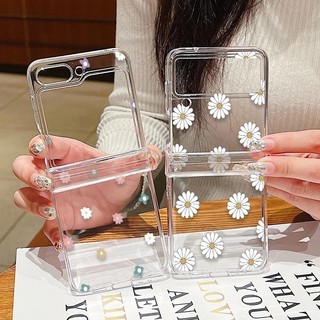 Hoa Cúc Họa Tiết Tình Yêu Trong Suốt Dành Cho Samsung Galaxy Z Flip 6 Flip 5 Flip 4 Flip 3 Full Bản Lề Trong Suốt Cứng PC Gấp Ốp điện thoại Cho Samsung Z Flip6 Flip5 Flip4 Flip3