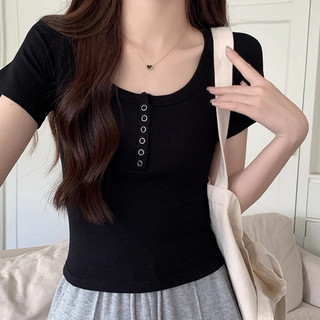 Áo thun Kiểu Croptop babytee Cúc Bấm Trơn Xinh Xắn