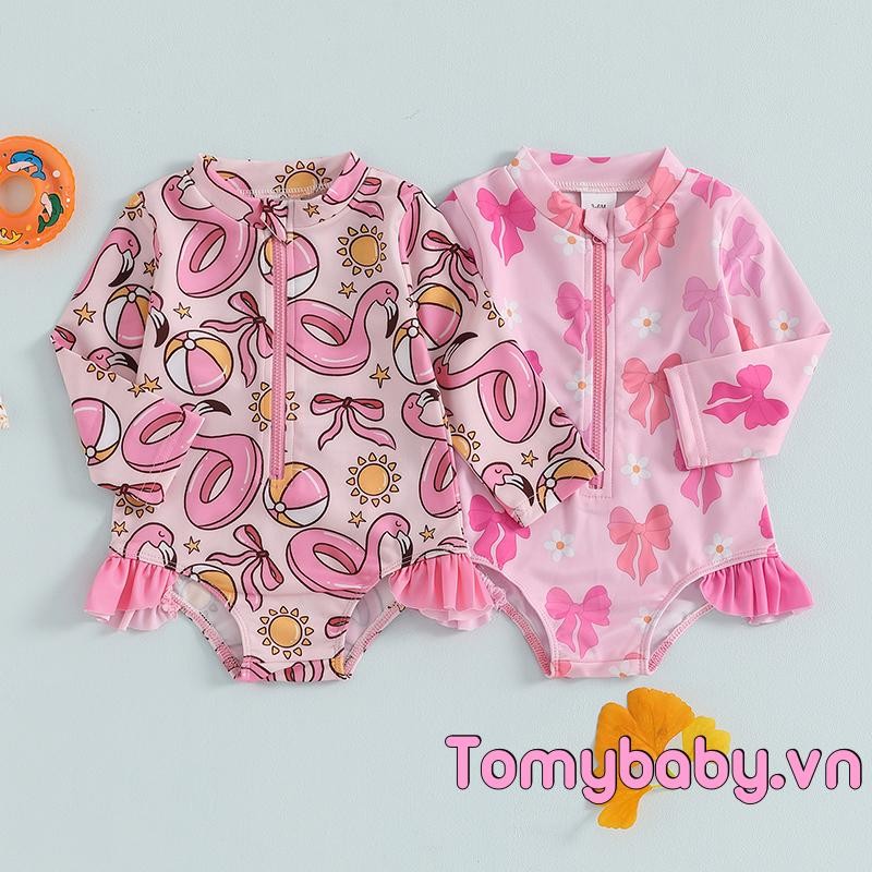 Bộ đồ bơi xếp nếp cho bé gái mới biết đi Họa tiết nơ dễ thương Tay dài Dây kéo Rash Guard Bộ đồ tắm
