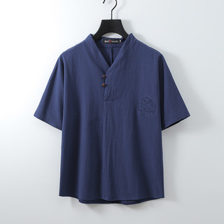 Áo thun nam mùa hè tay ngắn cỡ lớn, nút ếch Trung Quốc, cotton lanh, cổ chữ V, phong cách retro thời thượng